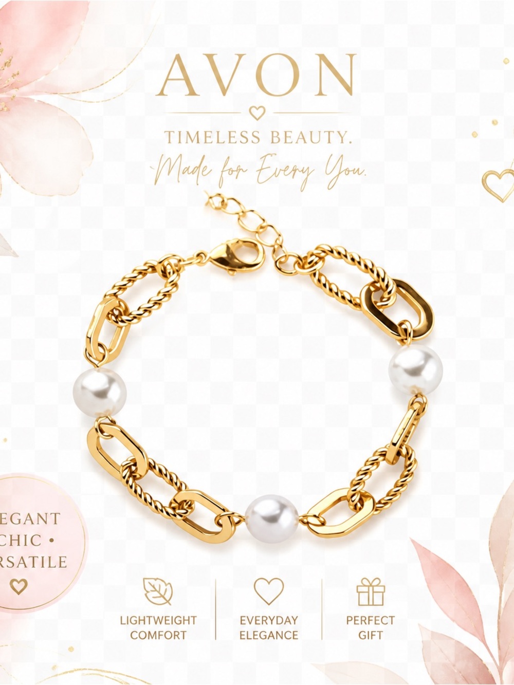 Avon Gold-Tone Chain Bracelet with White Pearls